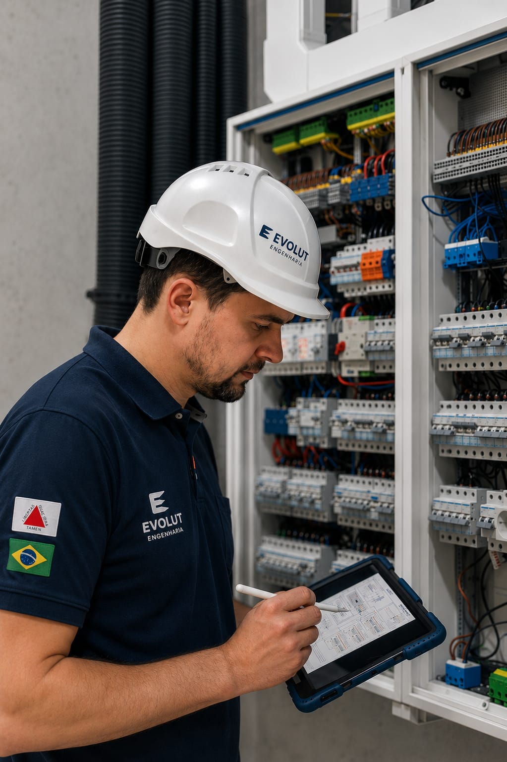 Profissional usando tablet em rotina de controle técnico